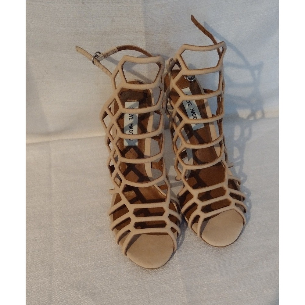 Steve Madden Gladiator Stiletto Sandals Women 8.5 Tan Faux Leather Strappy Shoes